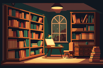 Library with bookcases. Vector empty interior of old luxury library at university with wooden furniture, and wooden armchair, art studio.