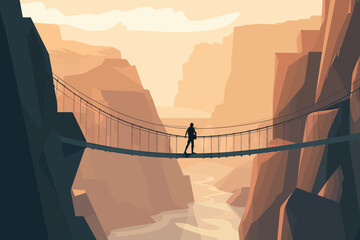 Man silhouette crossing suspension bridge between mountains, traveling, extreme hiking.