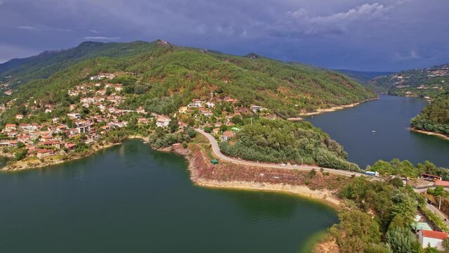 Aerial view of the road over Cavado river in Peneda-Geres National Park, Northern Portugal.