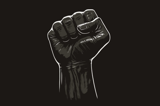 BLM, black lifes matter raised black fist on dark background, protest, human rights, anti racism, racial equality.