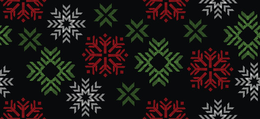 Naklejka na ściany i meble Motif Christmas ethnic handmade beautiful Ikat art. Christmas background. folk embroidery Christmas pattern, geometric art ornament print. red, green, white colors. snowflake, star, poinsettia design.