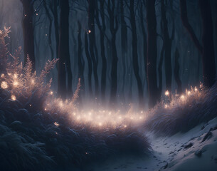 Dark night forest with snow and lights.Ai