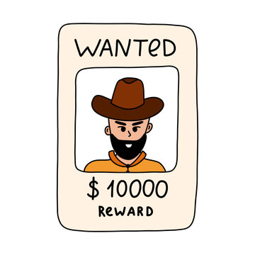 Doodle of wanted poster with cowboy with hand drawn outline. Simple colorful doodle of vintage western banner with reward. Outlaw wanted dead or alive poster. Sign of Wild West, America Texas, cowboy