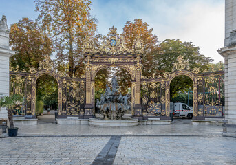 Nancy, France - 09 02 2023: Unesco World Heritage. View of the Amphitrite Fountain - in Stanislas Square at sunrise.