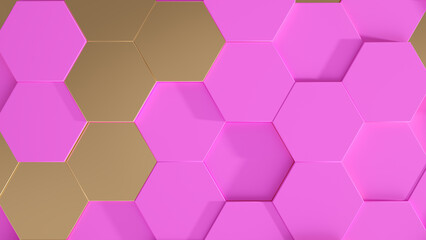 3d abstract pink and gold background.  Abstract hexagon mosaic wall. 3d rendering