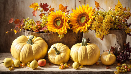 Pumpkin, grapes, sunflower flower on old background