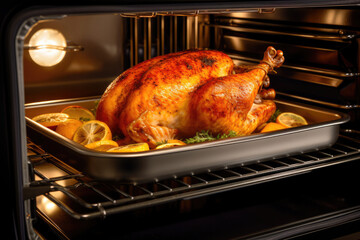 Naklejka premium Thanksgiving turkey in the oven for Thanksgiving Day or Christmas Dinner, with lemons and herbs. Cooked at home. 