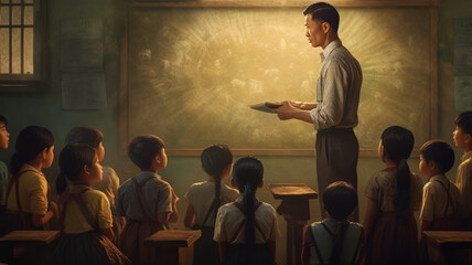 a male asian teacher stands at the blackboard in the classroom with children in the lesson photo