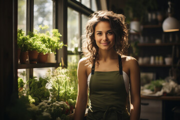 Young smiling woman standing in flower store and looking at camera