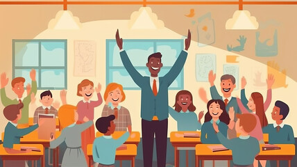 happy students thanking their teacher, vector graphics, vibrant colors