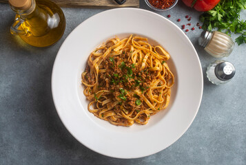 Spaghetti with minced meat in tomato sauce, pasta with noodles. Turkish noodle pasta. Turkish name; Eriste makarna