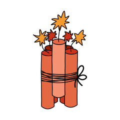 Obraz premium Pack of dynamite with lit fuse with hand drawn outline. Colorful doodle sign of bomb, danger. Bundle of burning dynamite bomb stick. Vector illustration isolated on background. Symbol of Wild West.