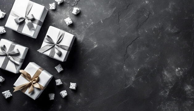white Christmas presents on black concrete background,flat lay,top view,minimalism.