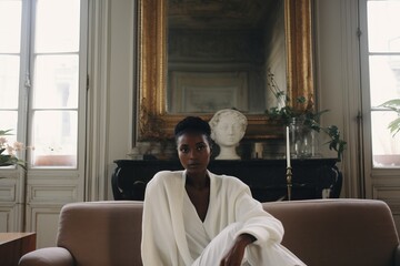 a photo of a gorgeous young african woman sitting on a couch in a luxurious posh living room, parisian style interior with tall windows, white paneled walls, fireplace, golden sophisticated decoration