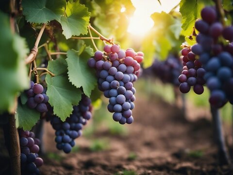 The grape plantation with Windows bunches of purple grapes