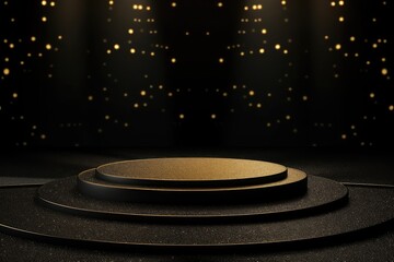 Obraz premium Black podium product stage with spotlight and golden glitter background.