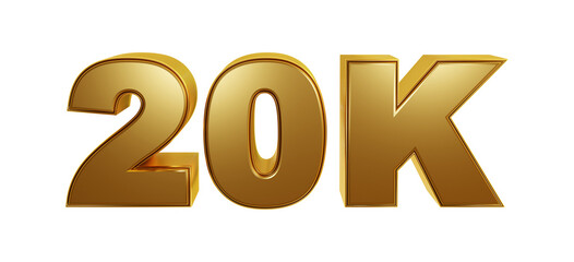 20K celebration golden isolated on transparent background for followers or subscribes or likes