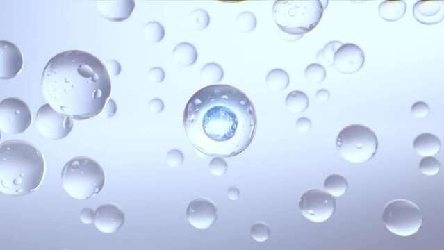 Cosmetics Many atoms float in the water. Particles inside a liquid bubble, cosmetic essence, and a liquid bubble on a water background. 3D animation