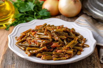 Traditional delicious Turkish food; fresh green black eyed peas food (Turkish name; Zeytinyagli yesil taze borulce or acebek)