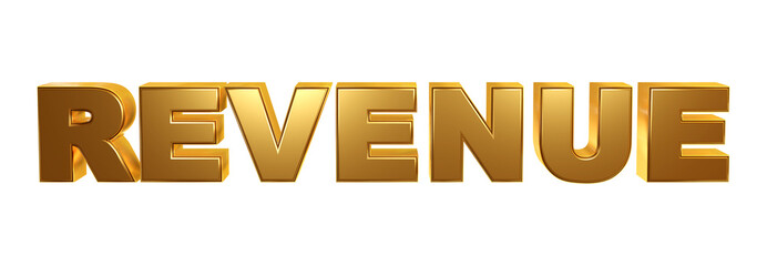 'Revenue' luxury realistic golden text 3d rendering for title design, banner ad on transparent background