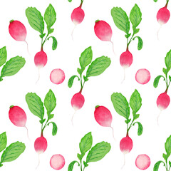 Watercolor seamless pattern with bright radish, slices on a white background. For various food products, wrapping, etc.