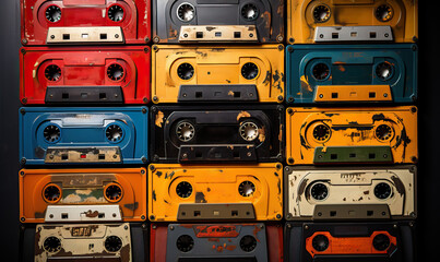 Background of old cassettes for tape recorder.