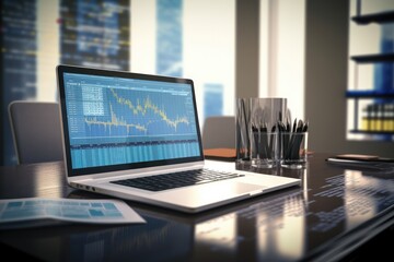 Business trading background with charts, screens and money