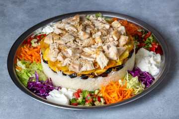 Middle Eastern food culture, Turkish cuisine; type of pilaf, pilaf with chicken and vegetables, Turkish name; Maklube, tavuklu maklube