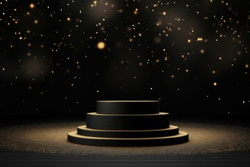 Black podium product stage with spotlight and golden glitter background.