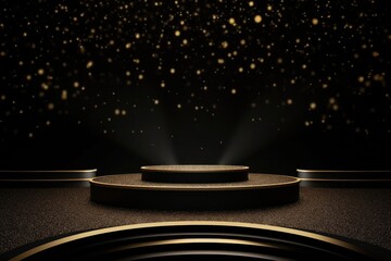 Black podium product stage with spotlight and golden glitter background.