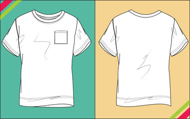  BOYS CREW NECK SHORT SLEEVE, POCKET, REGULAR SKETCH FASHION TEMPLATE TECHNICAL ILLUSTRATION