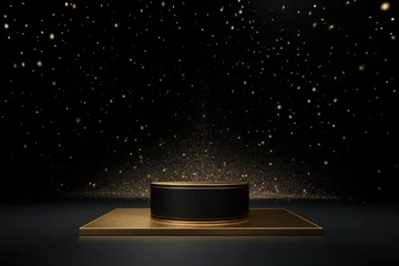 Fotobehang Black podium product stage with spotlight and golden glitter background. © Virtual Art Studio
