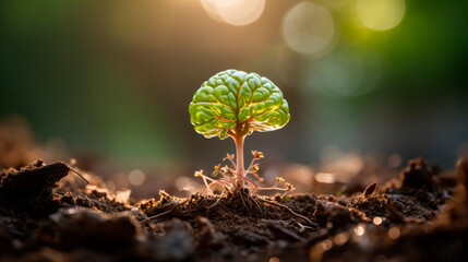a close-up view of a small green plant growing out of the ground with a brain-like structure. The roots extend into the earthy soil. Growth concept - 646885565