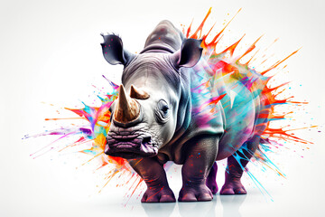Rhino with colourful splash in the background, AI GENERATED