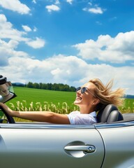 Countryside Drive Model in a convertible - stock photography