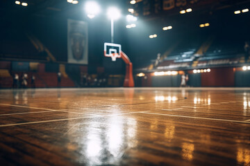 Basketball goal in a beautiful gymnasium illuminated by spotlights. - obrazy, fototapety, plakaty