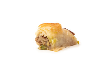 Delicious sweet baklava with walnuts isolated on white background.