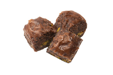 Turkish chocolate baklava isolated on white background.