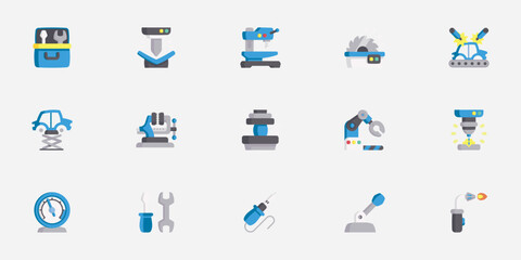 Metalworking equipment: people casting forgings, working on turning lathes, drilling, cutting, and bending machines vector editable icon set