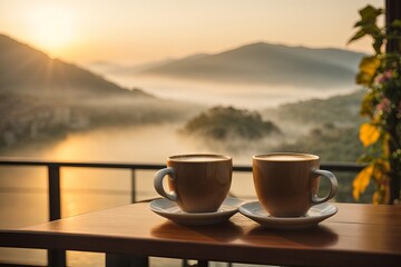 Morning Refreshment: Hot Java in a Wooden Cup with Mountain Sky View