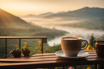 Morning Refreshment: Hot Java in a Wooden Cup with Mountain Sky View
