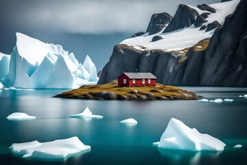 Idyllic Hut On Small Island Among Fjord and Icebergs