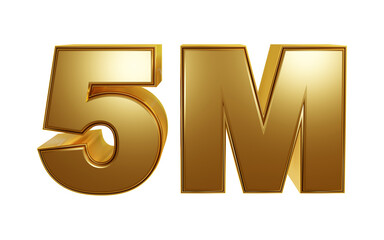 Golden 5M isolated on transparent background. Thank you for 5 Million followers or subscribes or likes 3D rendering