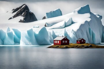 Idyllic Hut On Small Island Among Fjord and Icebergs