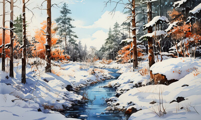 Watercolor landscape, snowy landscape on a sunny day.