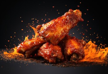 Chicken wings with hot sauce topping and fire on black background - obrazy, fototapety, plakaty