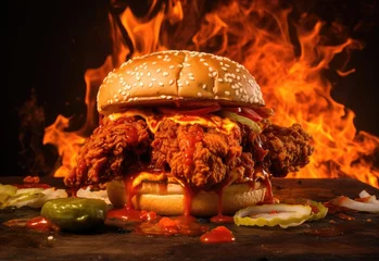 Poster Spicy Fried Chicken Sandwich or Fried Chicken Burger with hot chili peppers on fire isolated on black background © alauli