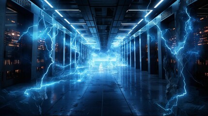a hallway leading to many servers with lightning all around it