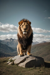 A proud lion standing by and empty cross in front of a mountain range on a sunny day.