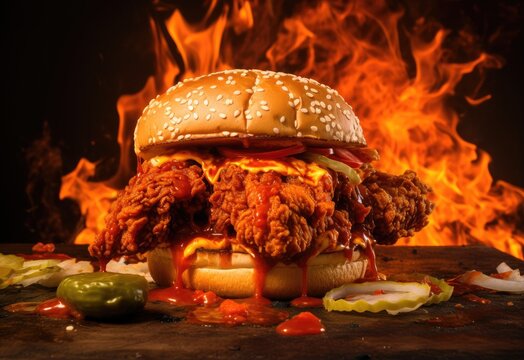 Spicy Fried Chicken Sandwich Or Fried Chicken Burger With Hot Chili Peppers On Fire Isolated On Black Background